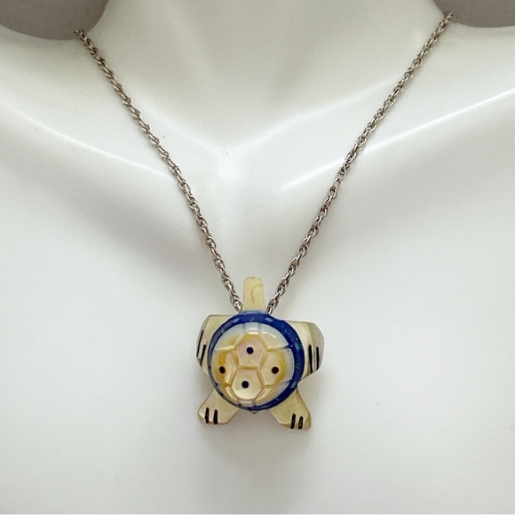 Vintage Southwestern Mother of Pearl Lapis Onyx Turtle Sterling Silver Necklace - Picture 2 of 9